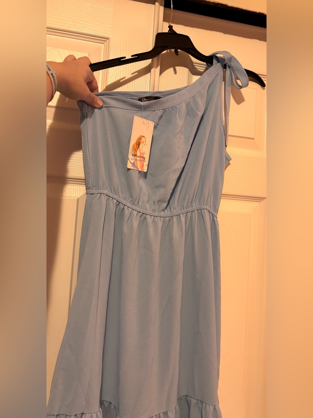 Pretty Garden One-Shoulder Light Blue Formal or casual Dress with Tie Strap